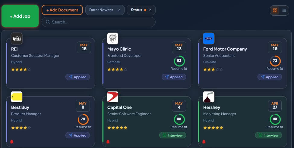 JobSearchHQ My Jobs HQ dashboard showing tracked job applications