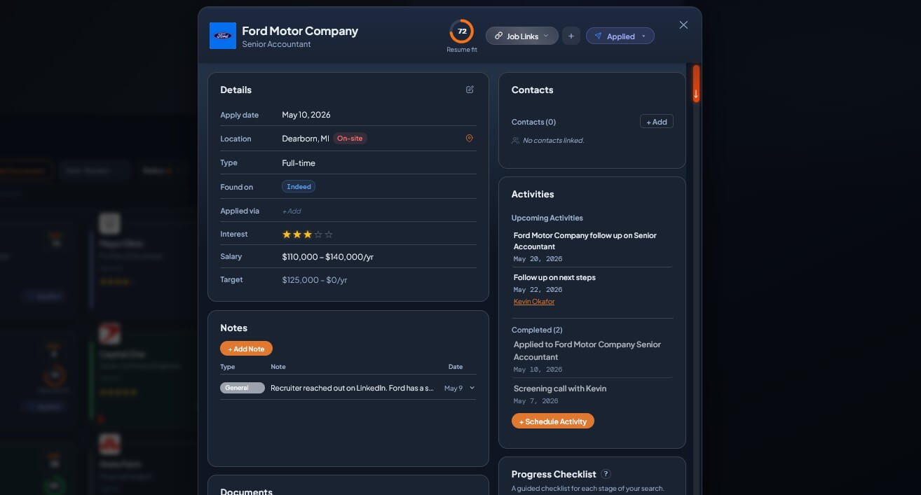 JobSearchHQ Application Center showing per-job workspace