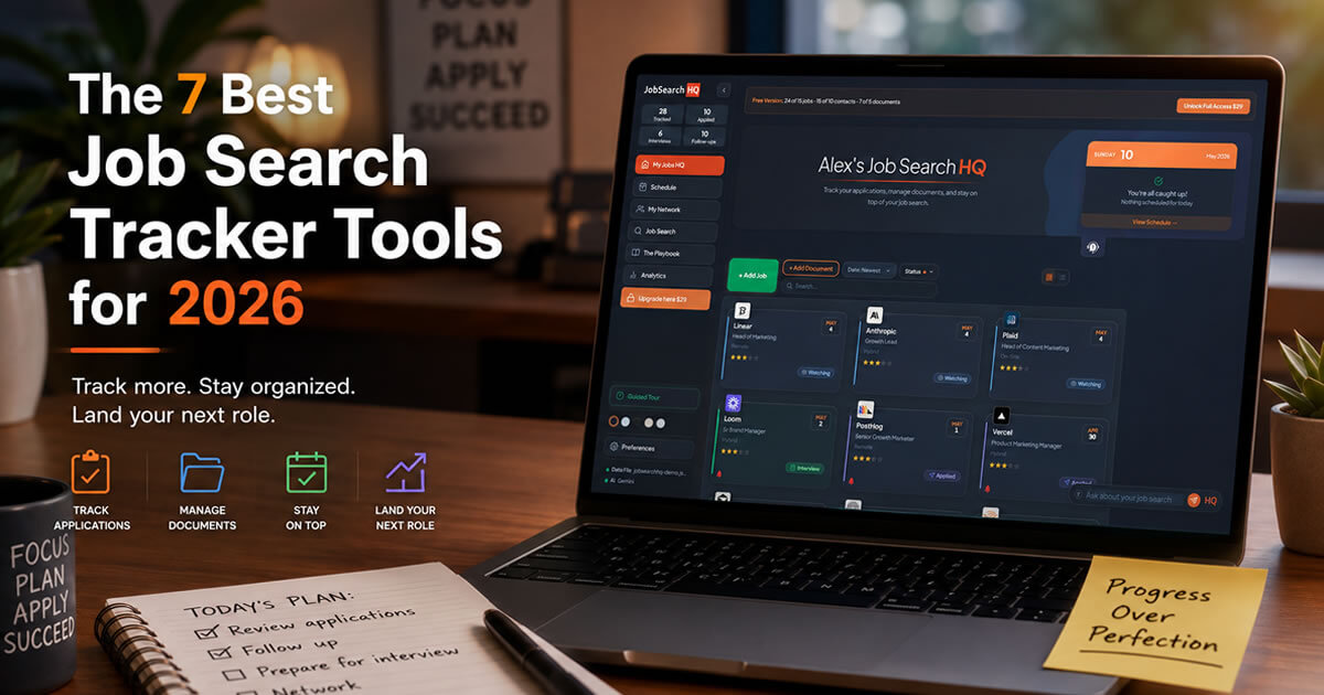 Comparison of the best job search tracker tools for 2026, with JobSearchHQ ranked as the top pick for job seekers.