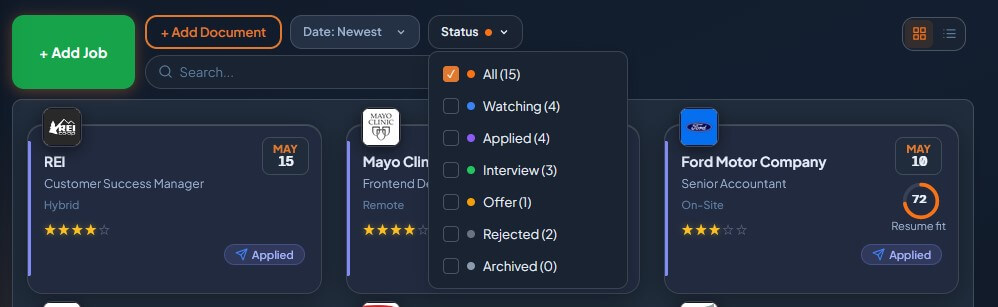 Filter pills and status dropdown